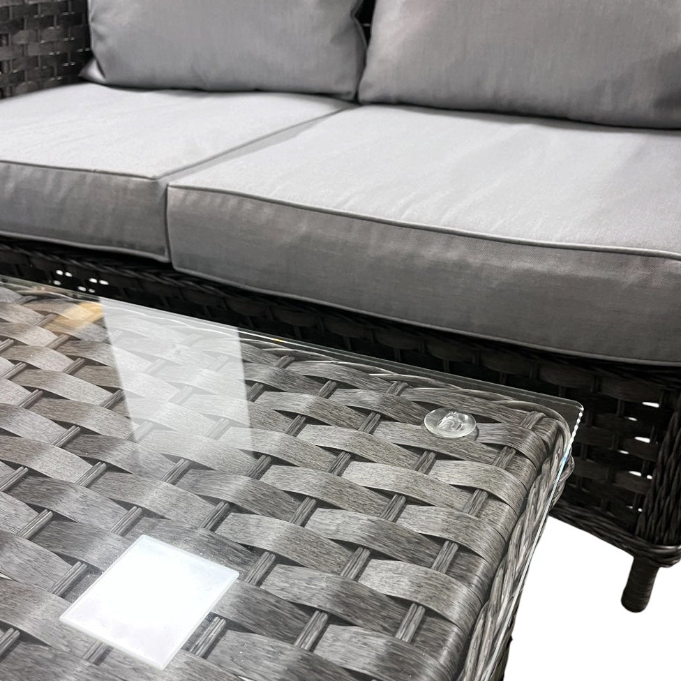Mia 4 Seater Rattan Garden Sofa Set — Grey High-Back with Glass Top Coffee Table