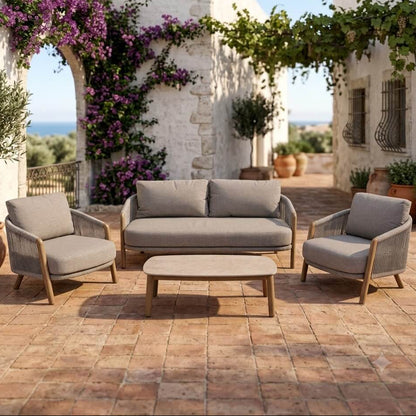 Mirel 4 Seater Garden Sofa Set — Rope & Wood-Effect Aluminium with Stone-Effect Coffee Table