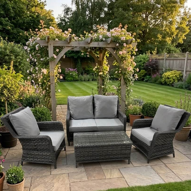 Mia 4 Seater Rattan Garden Sofa Set — Grey High-Back with Glass Top Coffee Table