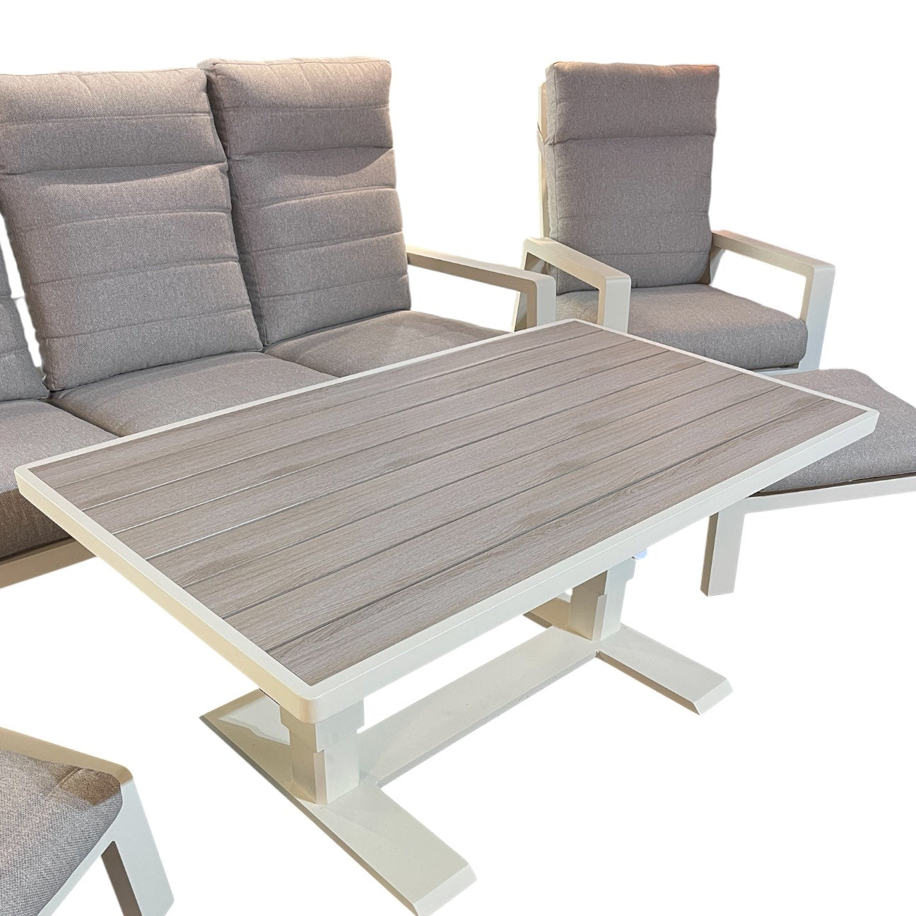 Langkawi 5 Seater Reclining Garden Sofa Set — Cream Aluminium with Adjustable Polywood Table & Footstools