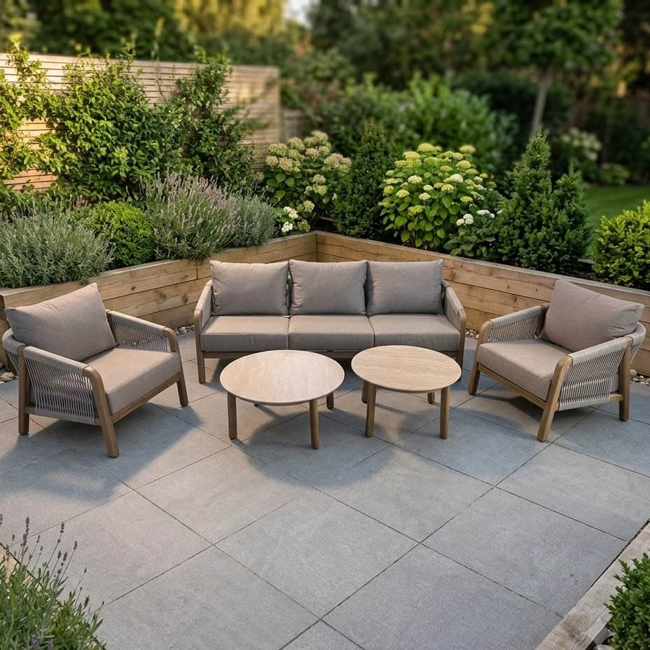 Terralune 5 Seater Garden Sofa Set — Wood-Effect Aluminium & Rope with Stone-Effect Tables