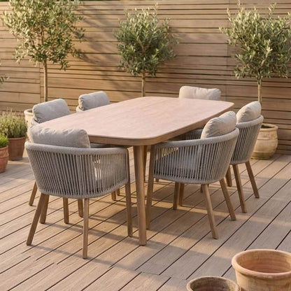 Mirel 6 Seater Garden Dining Set — Rope Chairs with Wood-Effect Aluminium Frame & Stone-Effect Table
