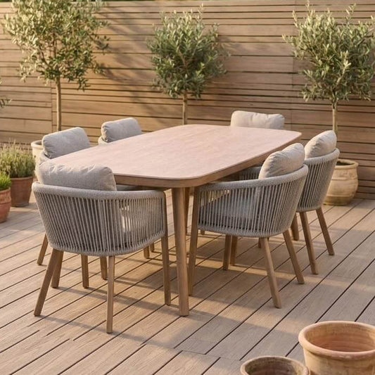 Mirel 6 Seater Garden Dining Set — Rope Chairs with Wood-Effect Aluminium Frame & Stone-Effect Table