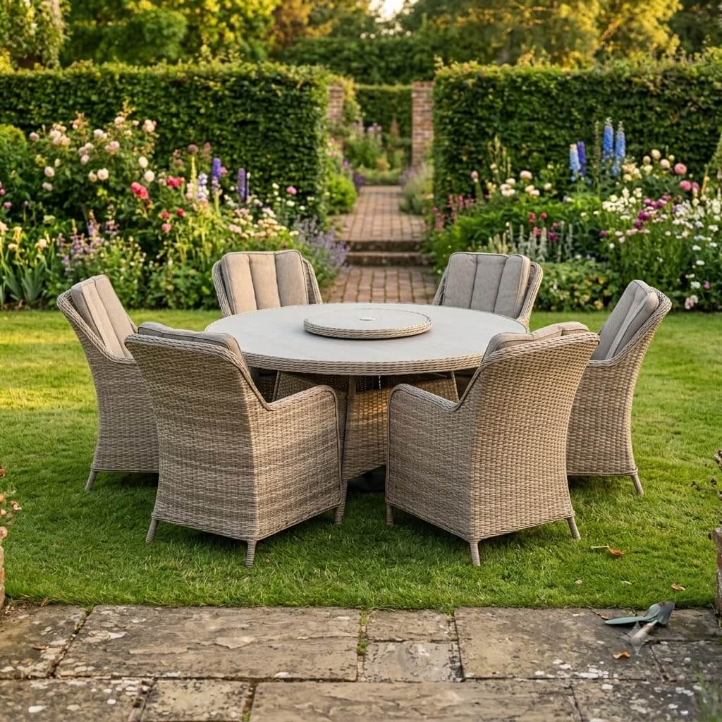 Java 6 Seater Rattan Garden Dining Set — Round Stone-Effect Glass Top Table, Cream or Grey - Love Home & Garden
