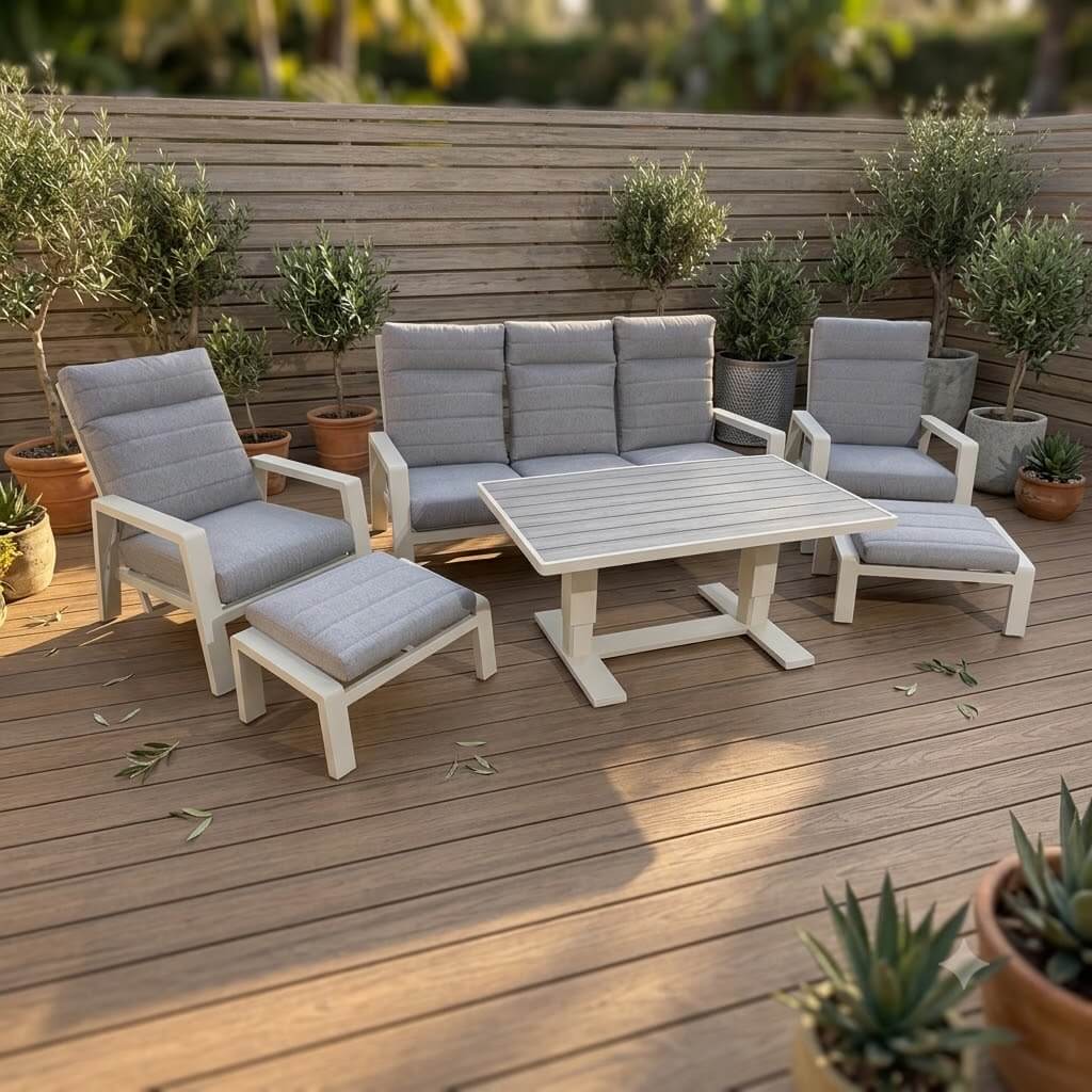 Langkawi 5 Seater Reclining Garden Sofa Set — Cream Aluminium with Adjustable Polywood Table & Footstools - Love Home & Garden