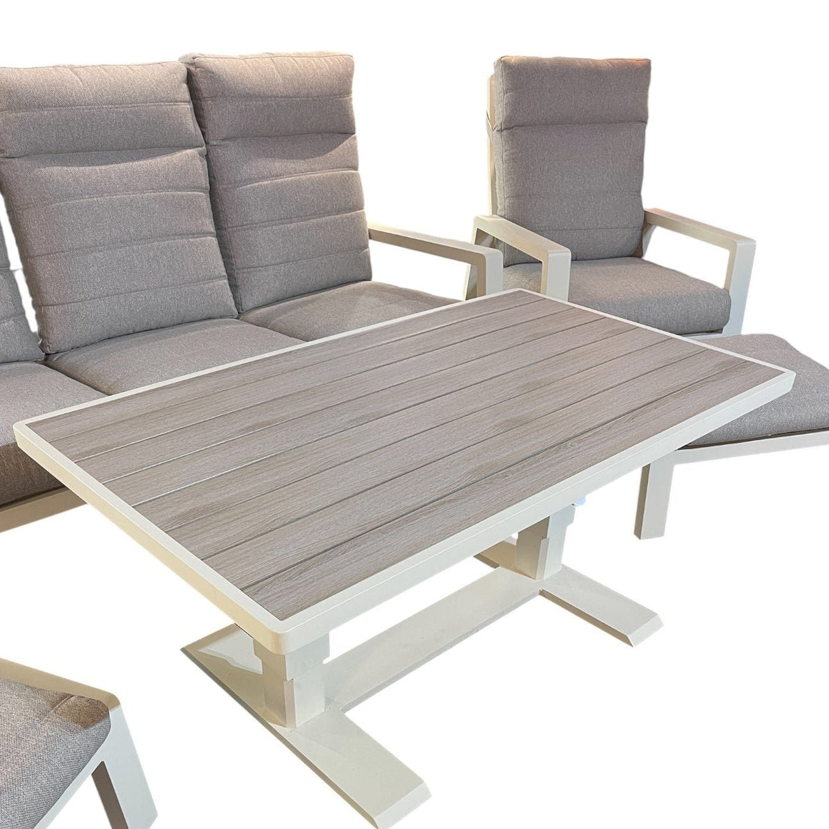 Langkawi 5 Seater Reclining Garden Sofa Set — Cream Aluminium with Adjustable Polywood Table & Footstools - Love Home & Garden