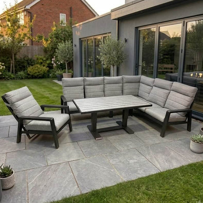 Langkawi Corner Garden Sofa Set — 7-8 Seater Aluminium with Adjustable Polywood Table & Recliner Chair