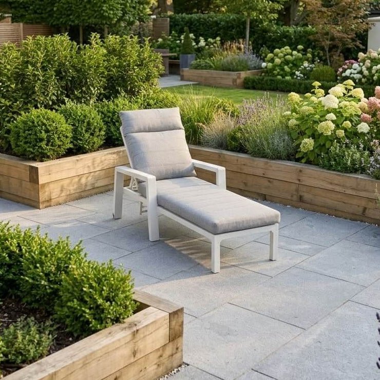 Langkawi Sun Lounger — Cream Aluminium Reclining Garden Lounger with Adjustable Backrest - Love Home & Garden