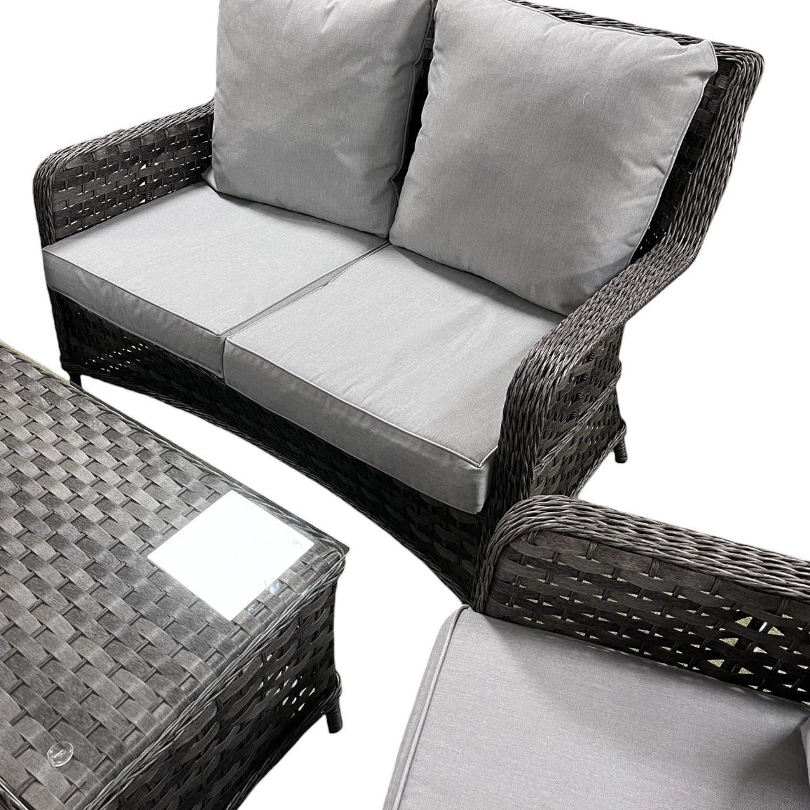 Mia 4 Seater Rattan Garden Sofa Set — Grey High-Back with Glass Top Coffee Table