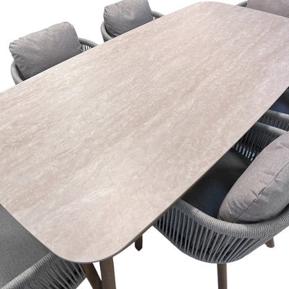 Mirel 6 Seater Garden Dining Set — Rope Chairs with Wood-Effect Aluminium Frame & Stone-Effect Table