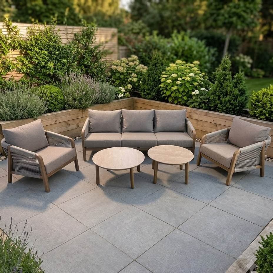 Terralune 5 Seater Garden Sofa Set — Wood-Effect Aluminium & Rope with Stone-Effect Tables - Love Home & Garden